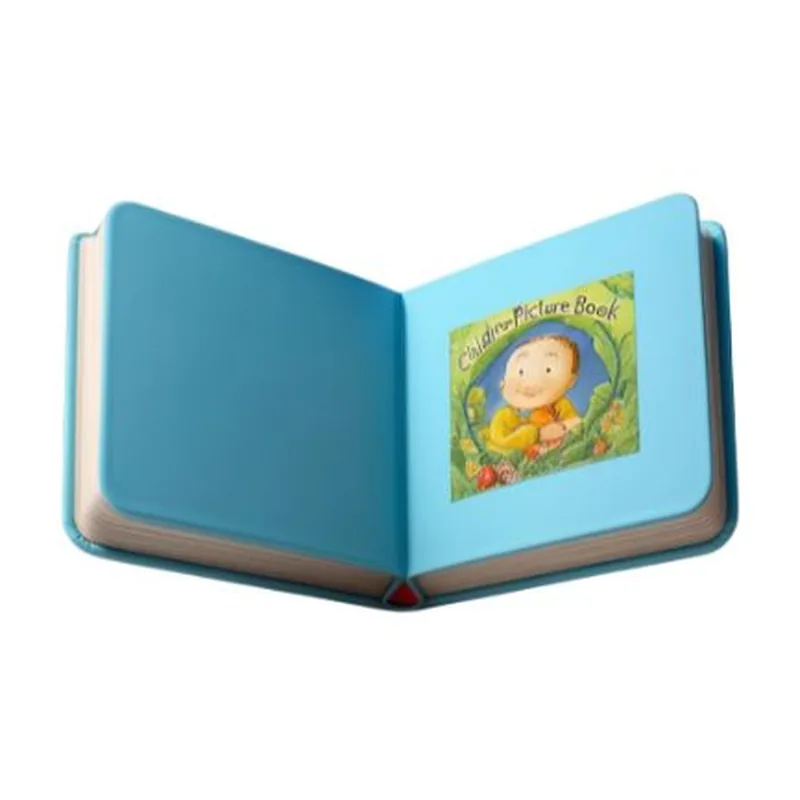 An open children's picture book on a white background