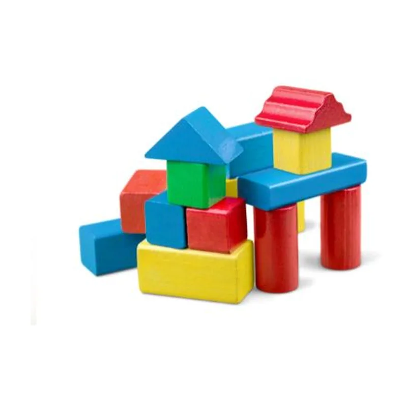 Colorful wooden building blocks stacked on a white background
