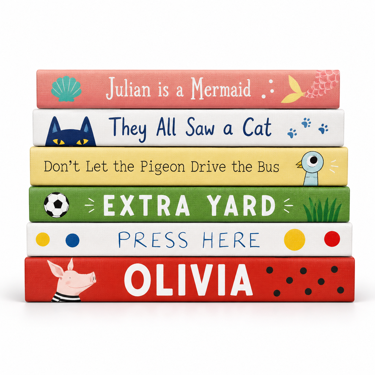 A stack of six children's picture books on a white background