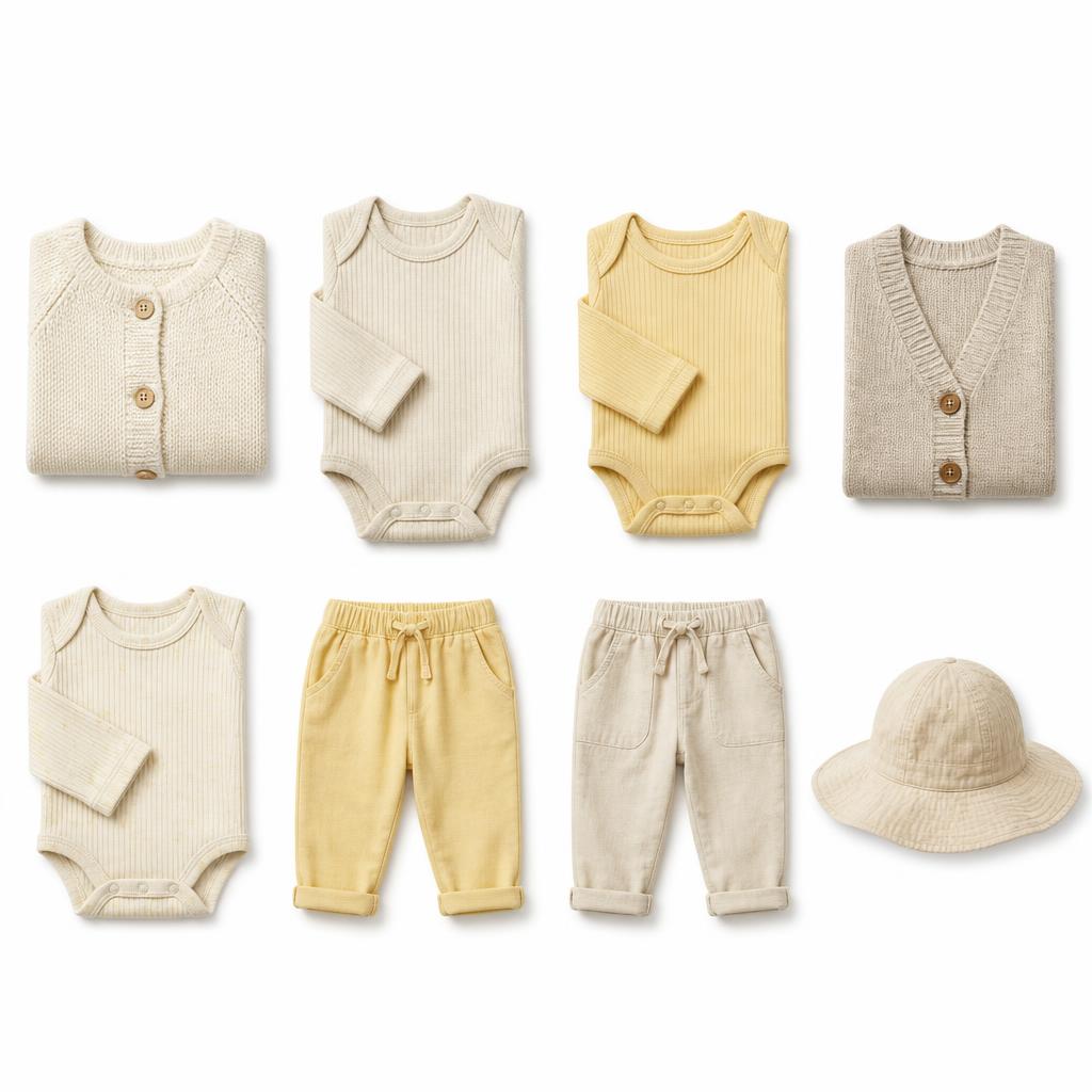 A grid of eight toddler clothing pieces on a white background