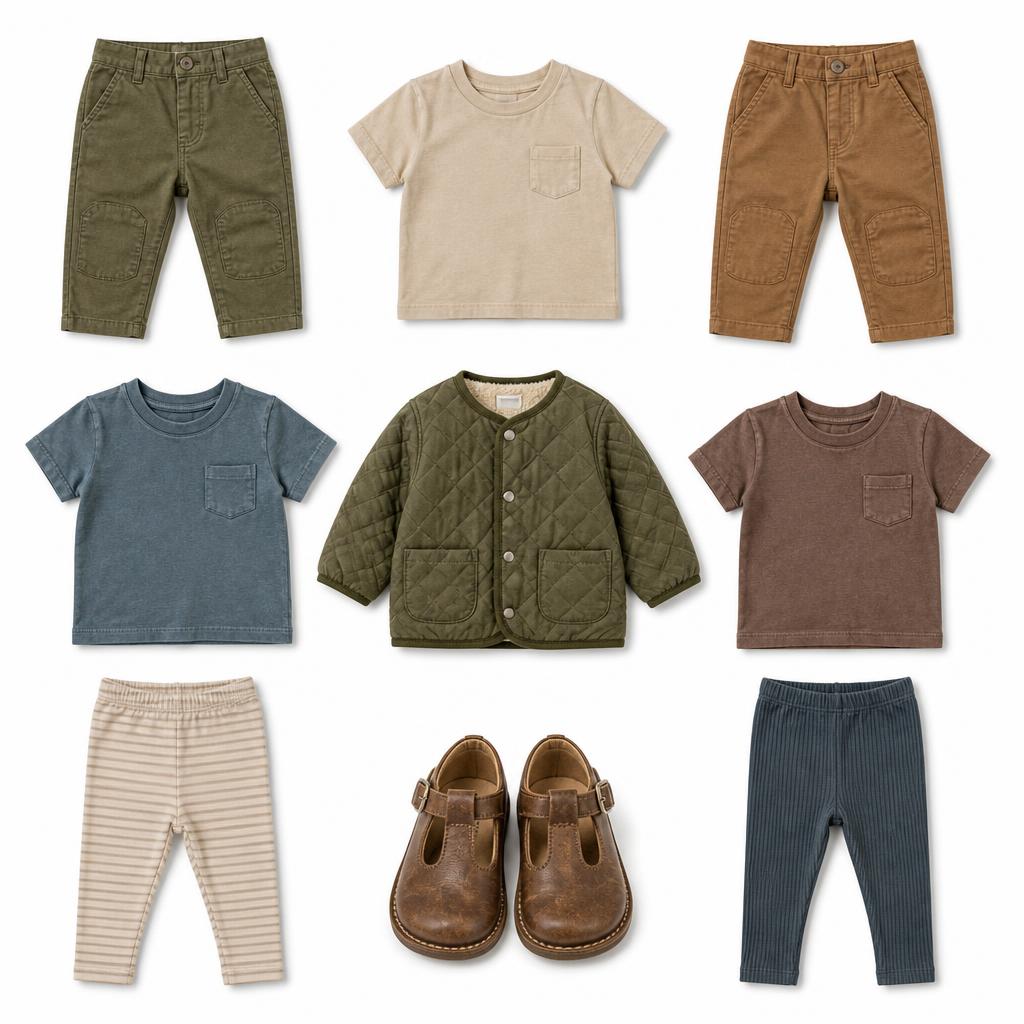 A grid of nine toddler clothing pieces on a white background