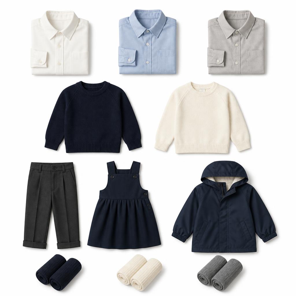 A grid of ten children's school clothing pieces on a white background