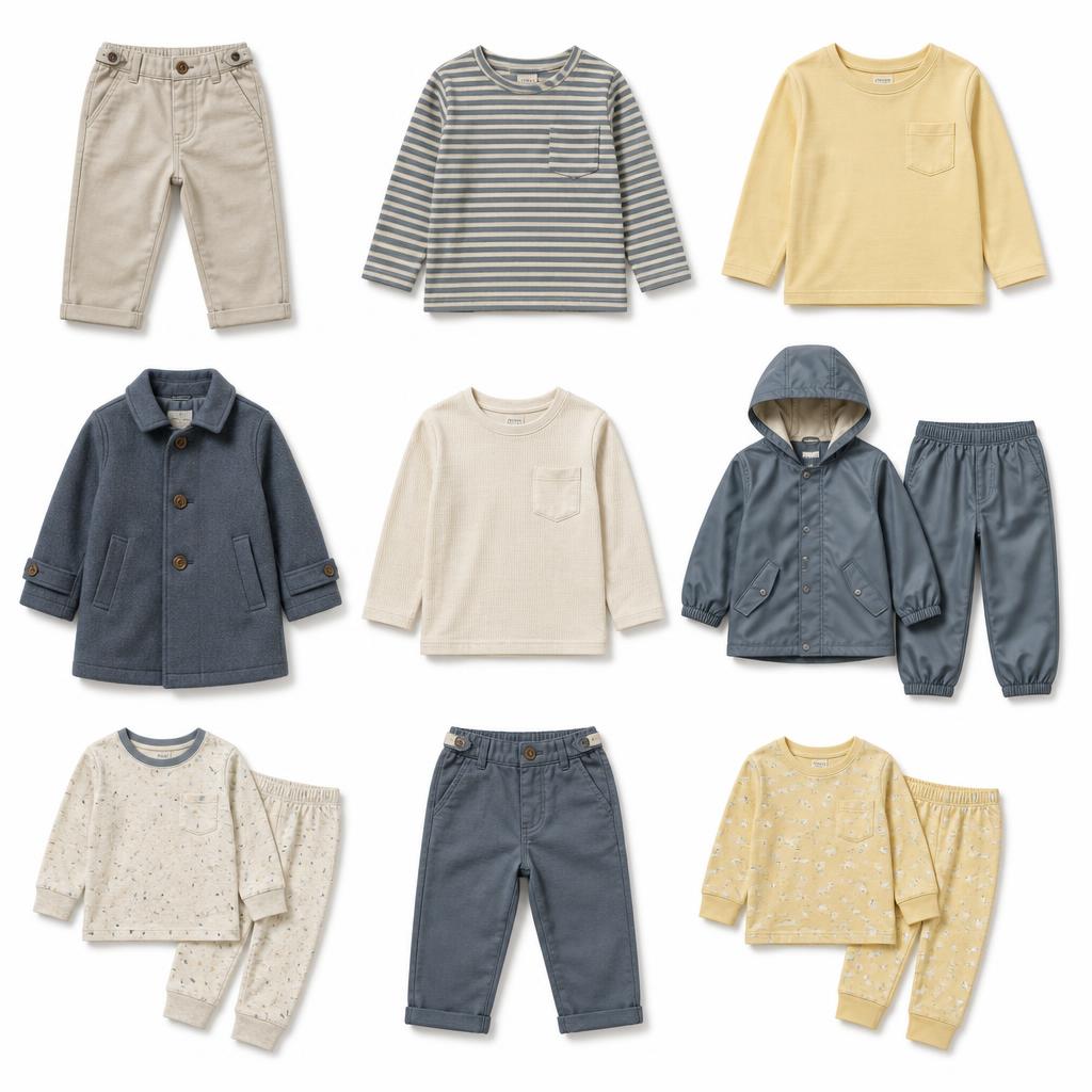 A grid of nine children's clothing pieces on a white background