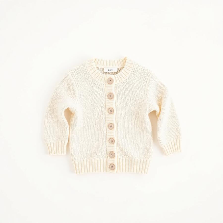 A folded cream cotton knit toddler cardigan on a white background