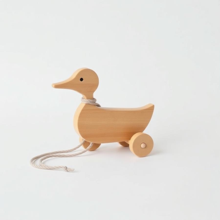 A wooden pull-along duck toy on a white background