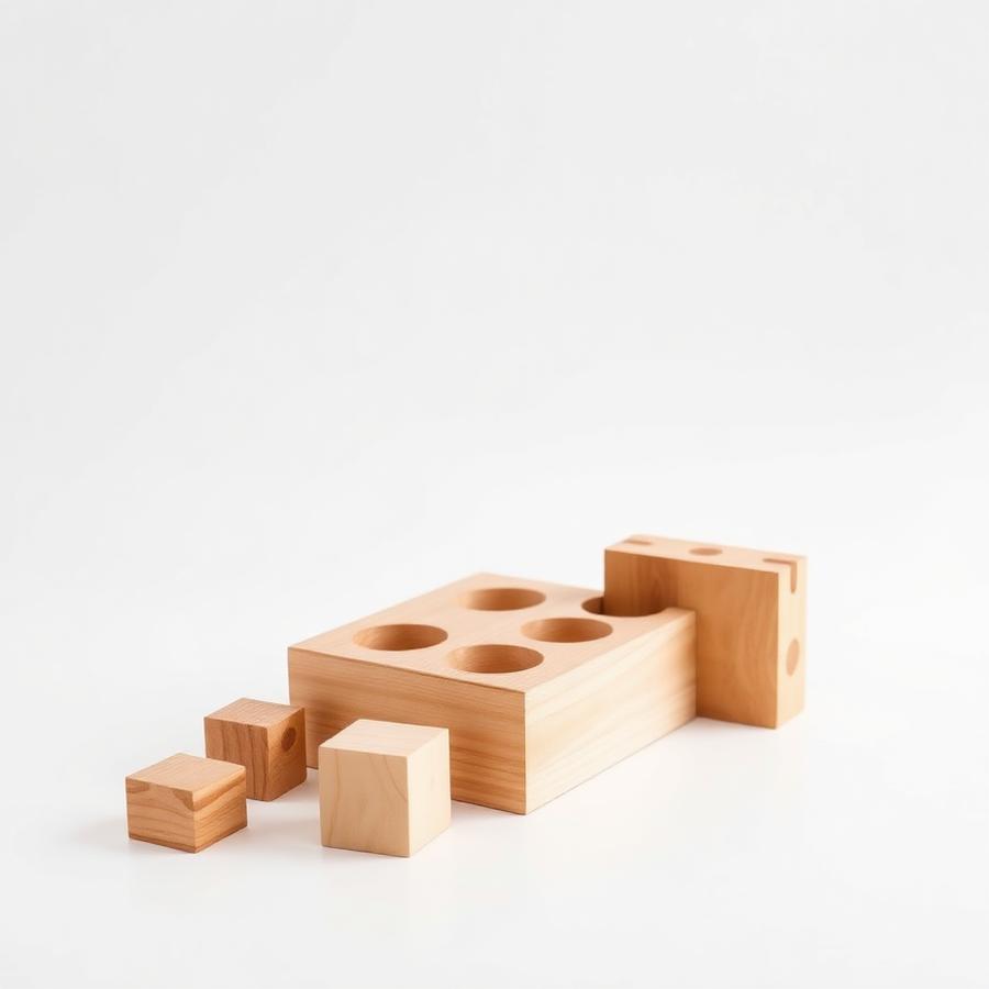A wooden shape sorter box with blocks on a white background