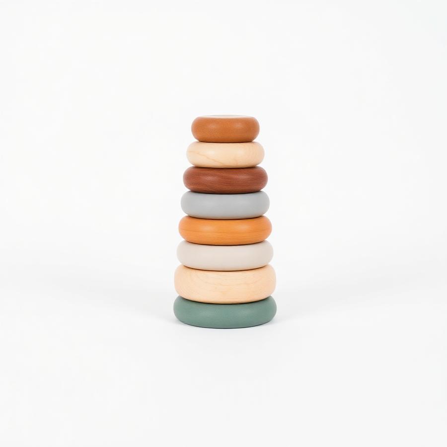 A wooden stacking ring tower toy on a white background