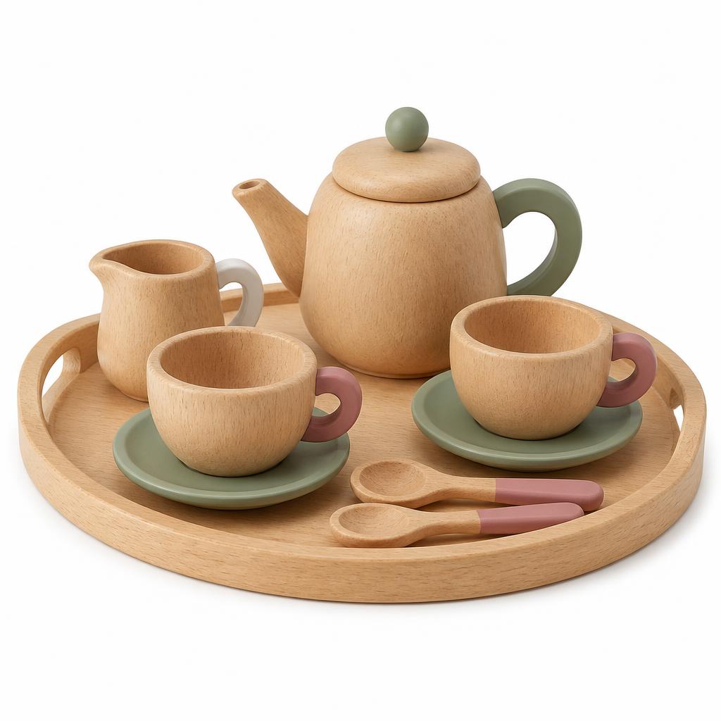 A wooden toy tea and pouring set on a tray on a white background