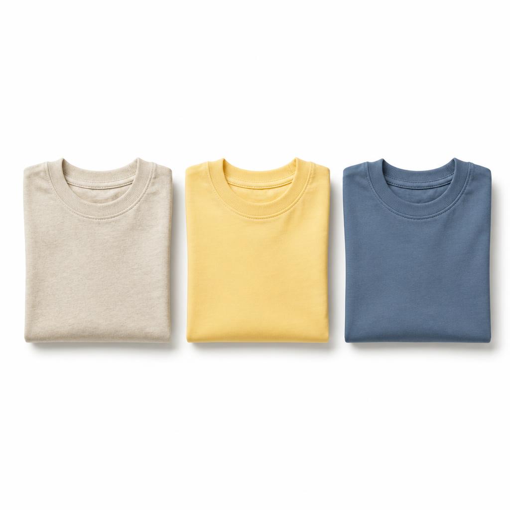 Three folded children's cotton tees on a white background
