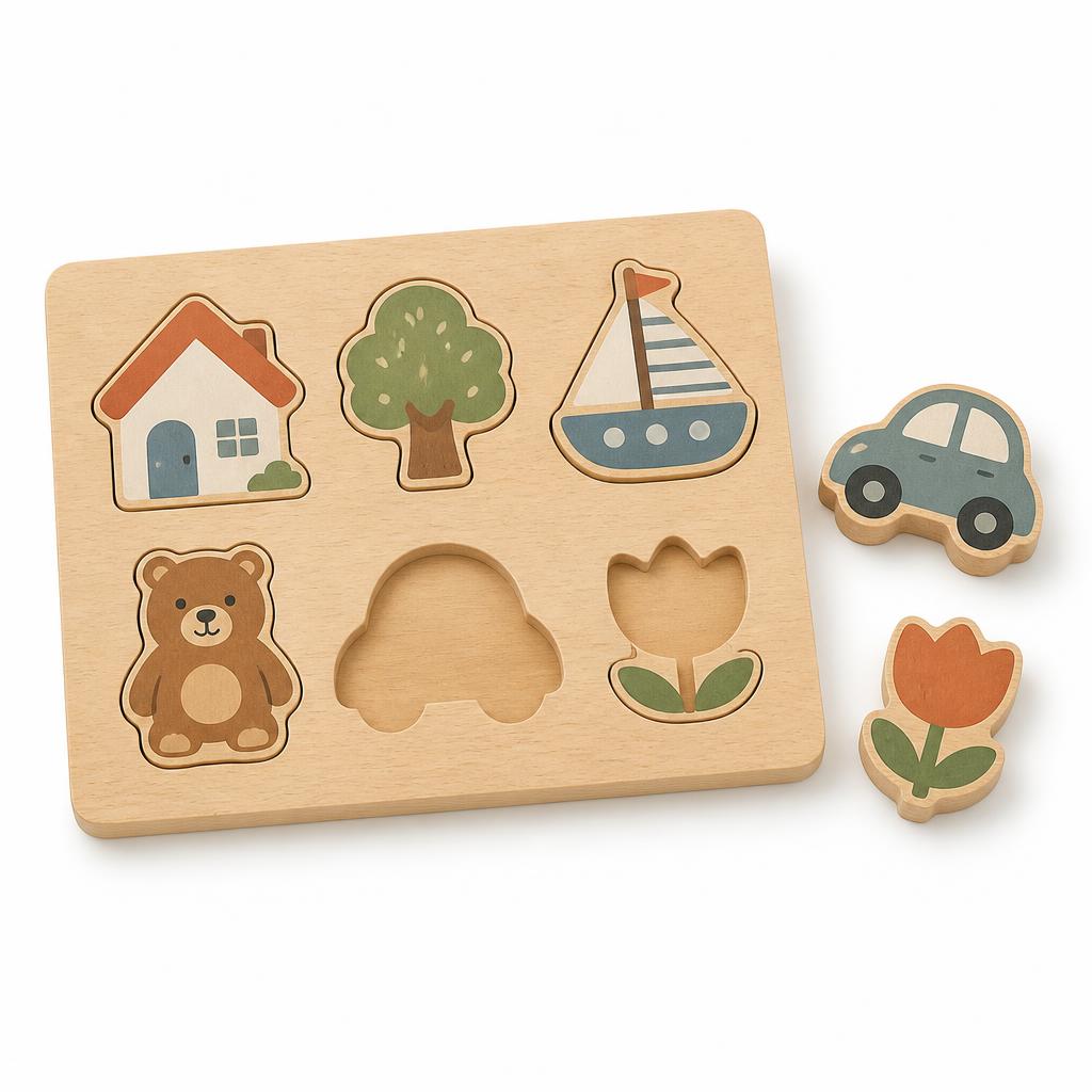 A wooden children's jigsaw puzzle board with pieces on a white background