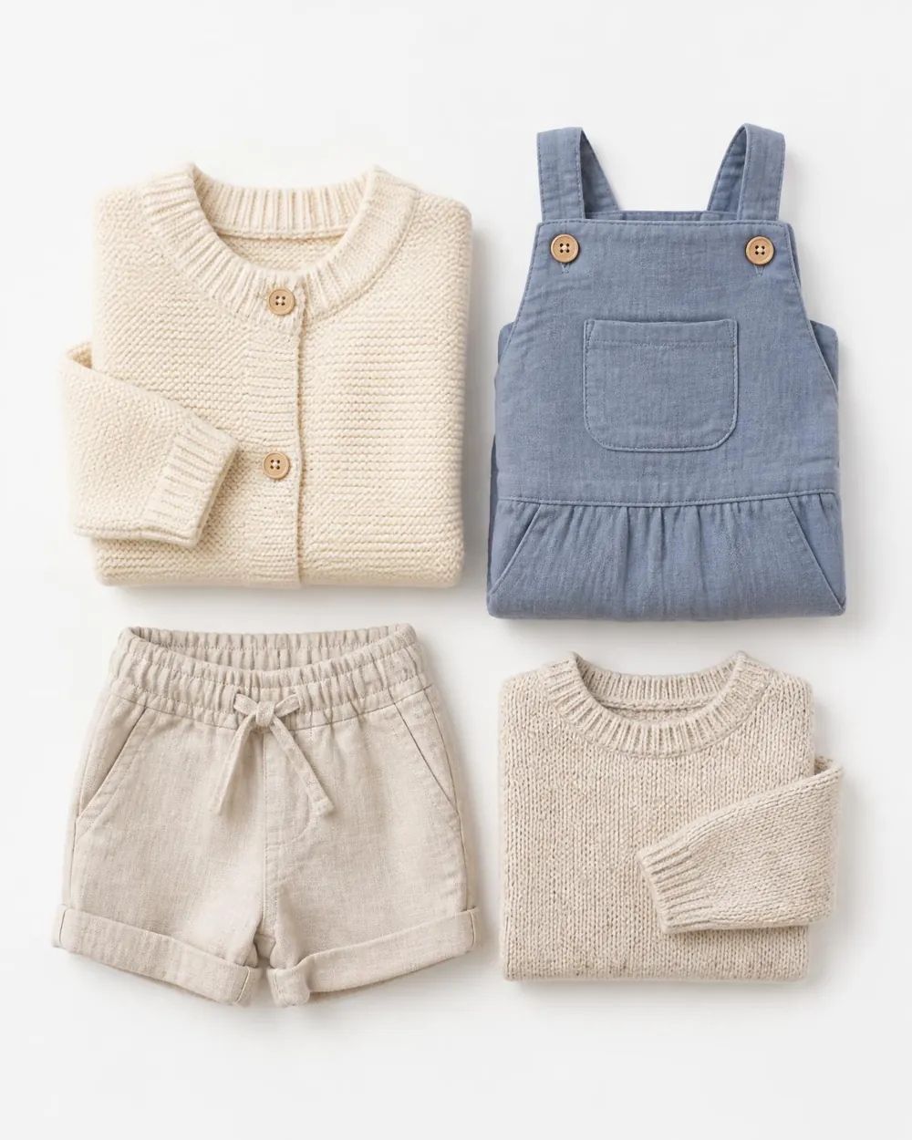 Four folded stacks of children's clothing in cream, oatmeal and butter yellow with small leather shoes