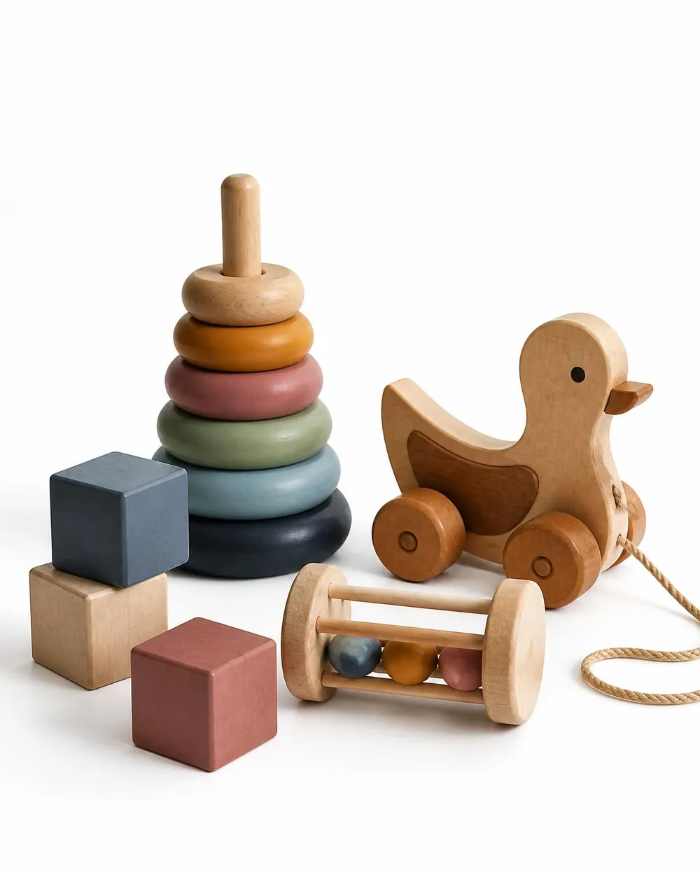 Heirloom wooden toddler toys arranged on a white backdrop
